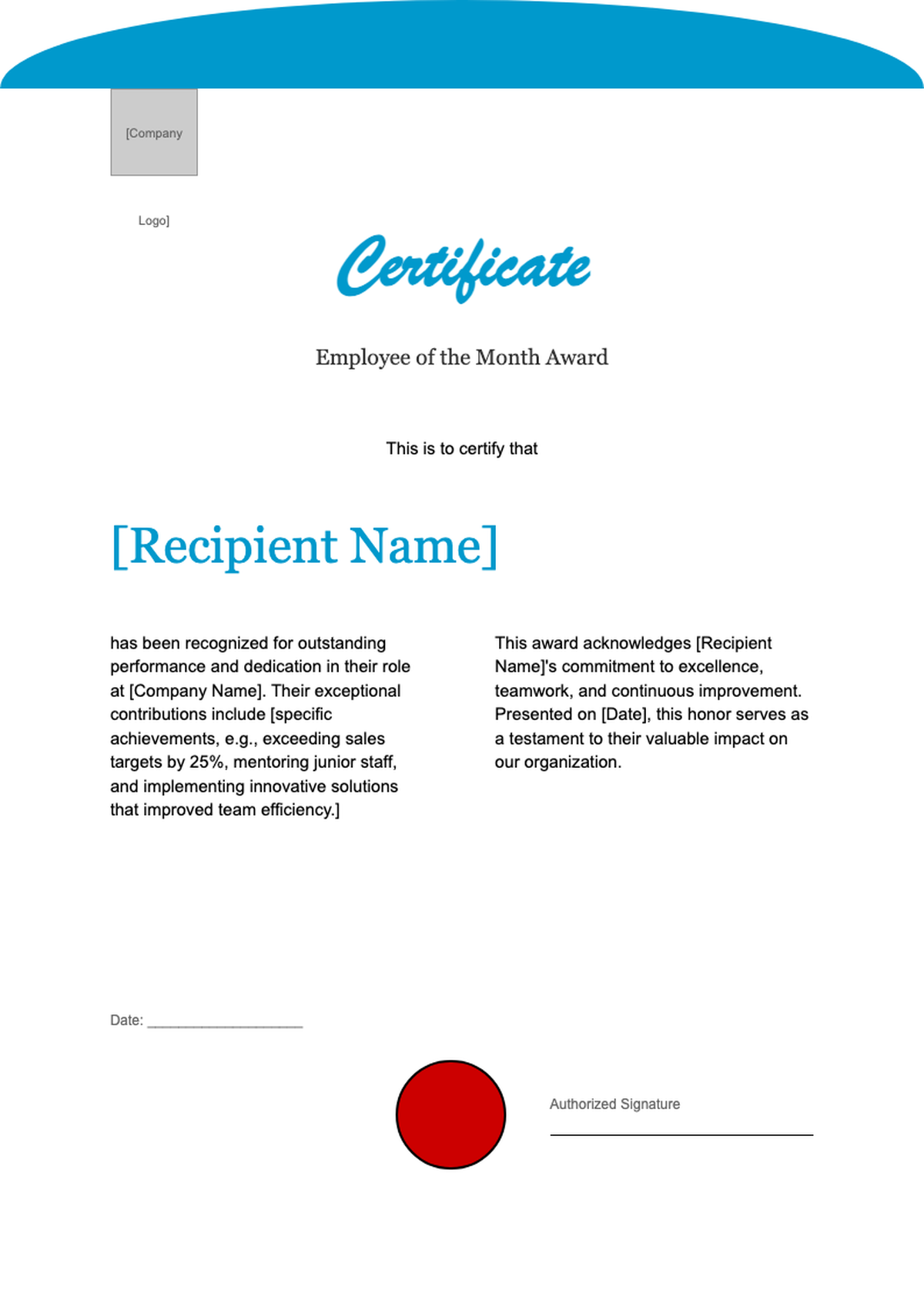 Professional employee of the month certificate with blue accents and red seal_variant_3